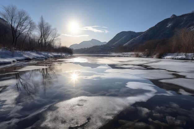 Río congelado con vista a la lejana cordillera y reflejo del cielo