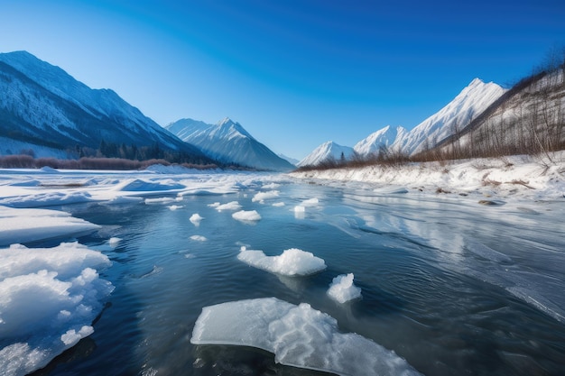 Río congelado con vista a las montañas y cielo azul claro en el fondo