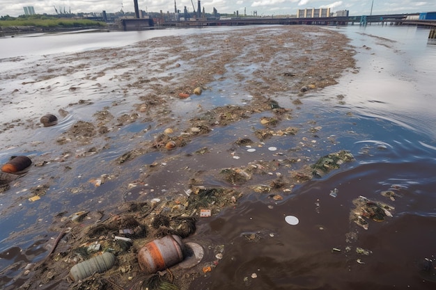 Foto río contaminado con basura ai generativa