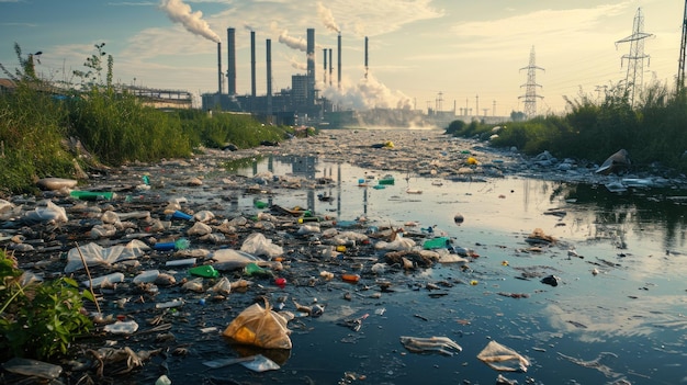 Foto un río contaminado por la basura cerca de una fábrica