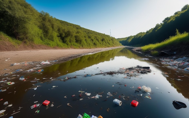 Río contaminado con basura en un paisaje verde con cielos azules