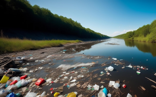 Foto río contaminado con basura en un paisaje verde con cielos azules