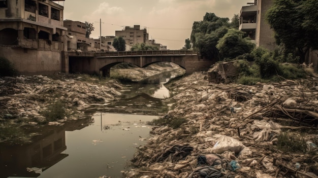 Un río contaminado con desechos desechados generados por IA