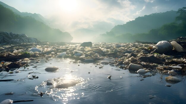 Foto un río contaminado con desechos plásticos