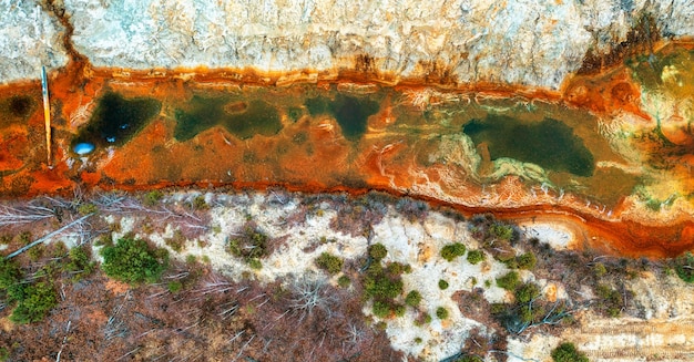 Río contaminado con desechos tóxicos y vegetación contaminada causados por procesos industriales vistos desde arriba por drones