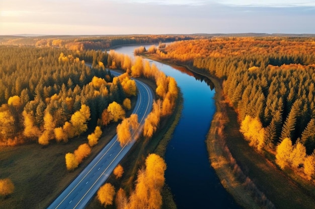 Foto un río corre a través de un bosque con árboles a ambos lados