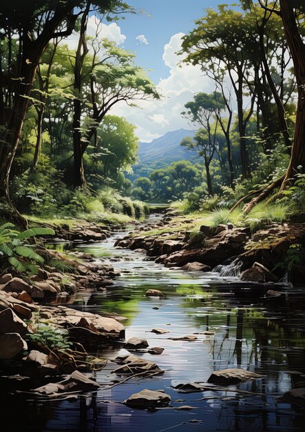 un río corre a través de un bosque con árboles y rocas