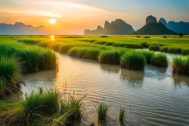 Foto un río corre a través de un campo de arroz con la puesta de sol en el fondo