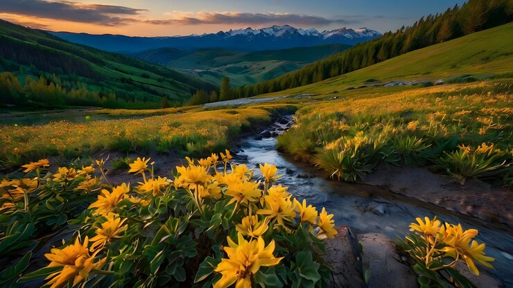 un río corre a través de un campo de flores