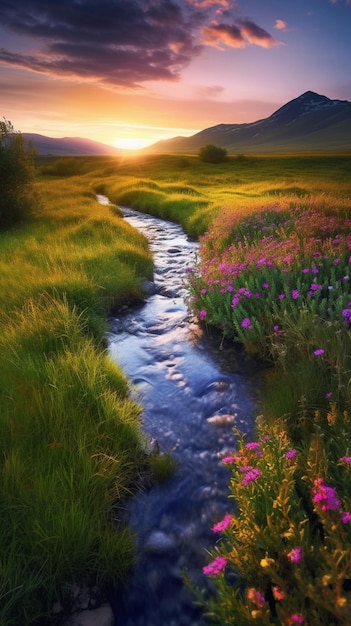 Un río corre a través de un campo de flores.