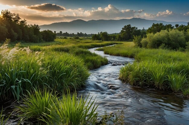 un río corre a través de un campo de hierba con una montaña en el fondo