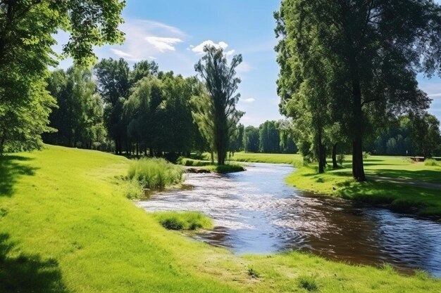 un río corre a través de un campo verde con árboles y un fondo de cielo