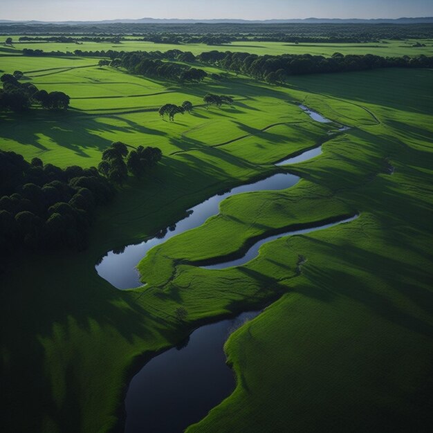 Un río corre a través de un campo verde.