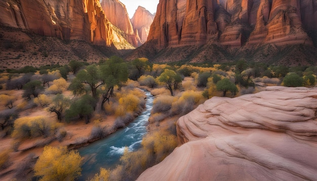 Foto un río corre a través de un cañón con árboles y rocas