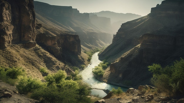 Un río corre a través de un cañón en el desierto.