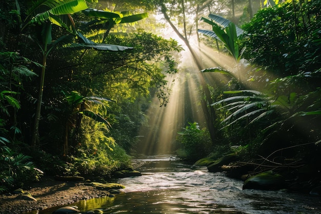 Foto un río corre a través de un denso bosque verde que muestra el flujo pacífico del agua en medio de un vibrante paisaje natural la luz del sol se filtra a través del dosel en un río de selva tropical generado por ia