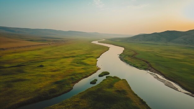 Foto un río corre a través de un valle con montañas en el fondo