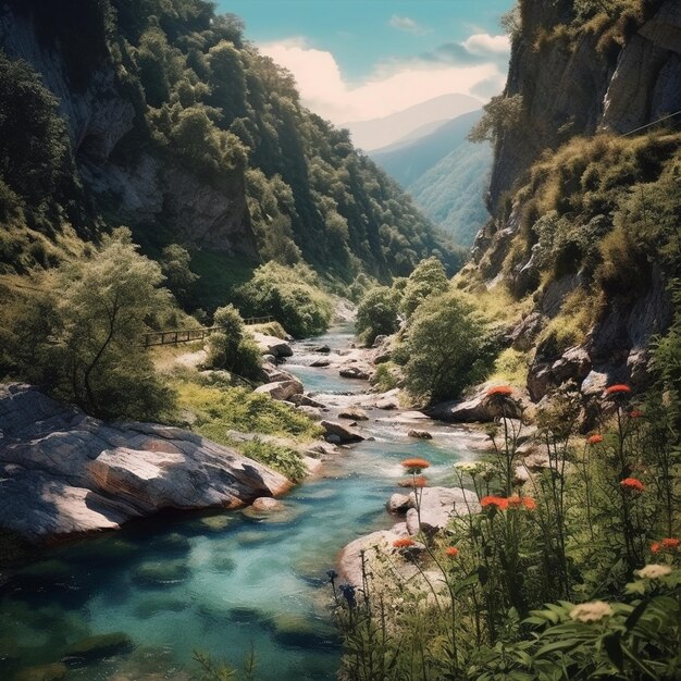 un río corre por un valle montañoso con una montaña al fondo.