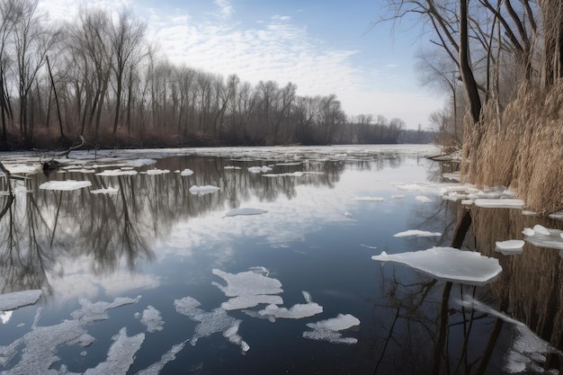 Río cubierto de hielo con el reflejo del cielo visible arriba