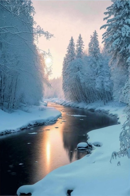 Un río cubierto de nieve en invierno