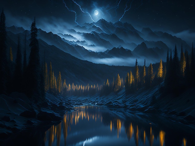 Rio da floresta escura da paisagem da noite