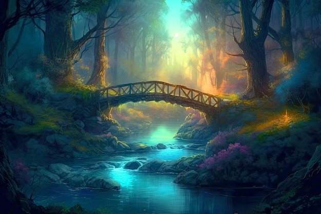 Rio da floresta fantasia com ponte no fundo da natureza