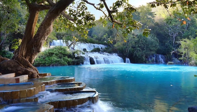 Rio de água azul com árvore verde