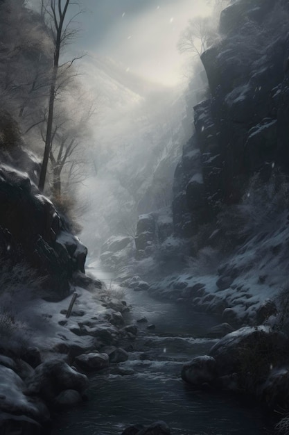 Rio de arte conceitual premiado correndo por uma ravina de neve árvores de inverno caindo neve claro-escuro Gerar Ai