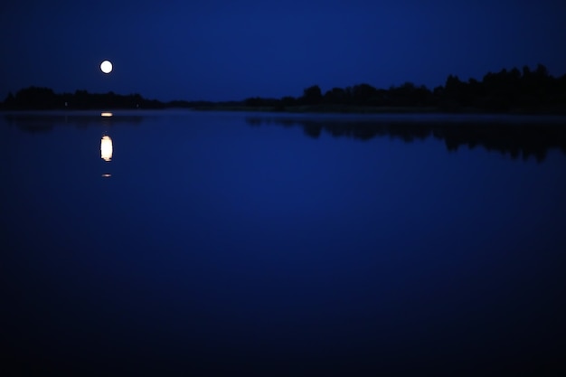 Rio de céu noturno de bela cor. Lua brilhante. Nuvens e estrelas nas altas montanhas.