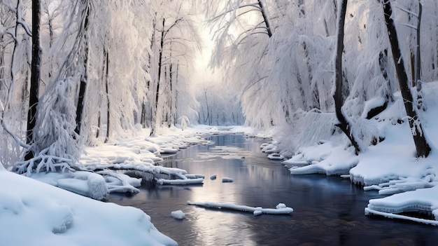 rio de inverno entre a floresta nevada