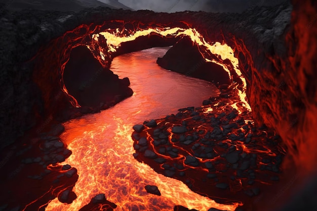 Rio de magma em uma caverna cheia de lava