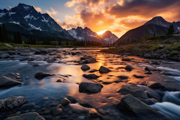 Rio de montanha ao pôr do sol Parque Nacional Jasper Alberta Canadá Rio claro com pedras leva em direção a montanhas iluminadas pelo pôr do sol AI gerado