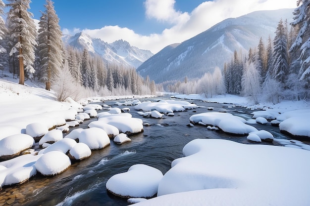 Rio de montanha de inverno em paisagem de neve Paisagem de neve em montanha de inverno