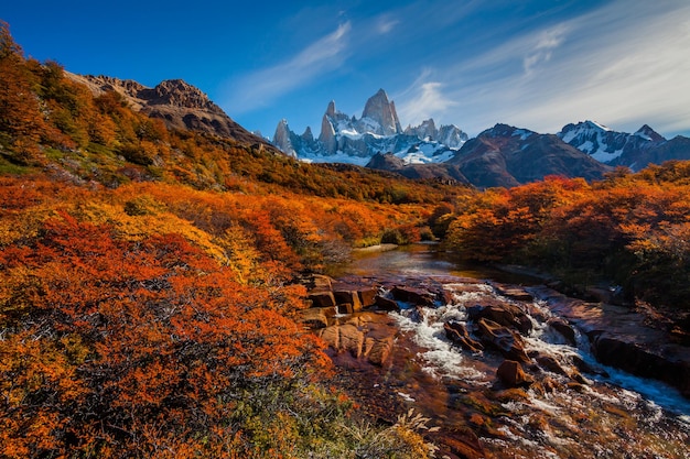 Rio de montanha e Monte Fitz Roy Patagônia Argentina