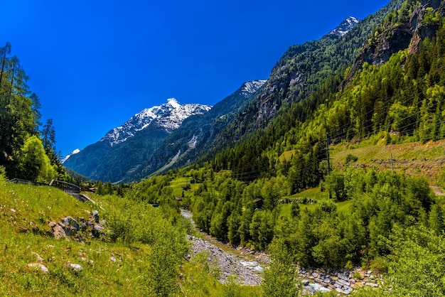Rio de montanha nas montanhas dos Alpes suíços Sankt Niklaus Visp Wal