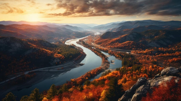 rio de outono flui nas montanhas Outono dourado