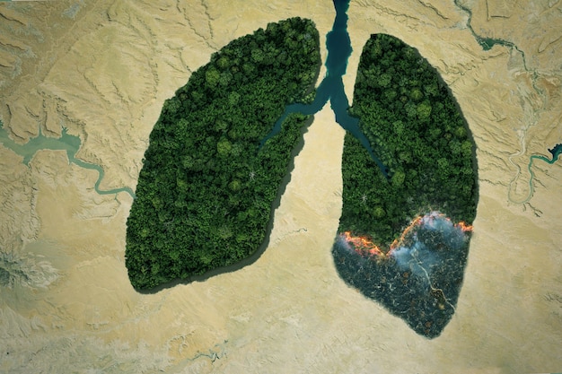 Rio e pulmões verdes da floresta com fogo no deserto. Conceito de aquecimento global. Queimando florestas e poluindo o meio ambiente. Ideia de pneumonia