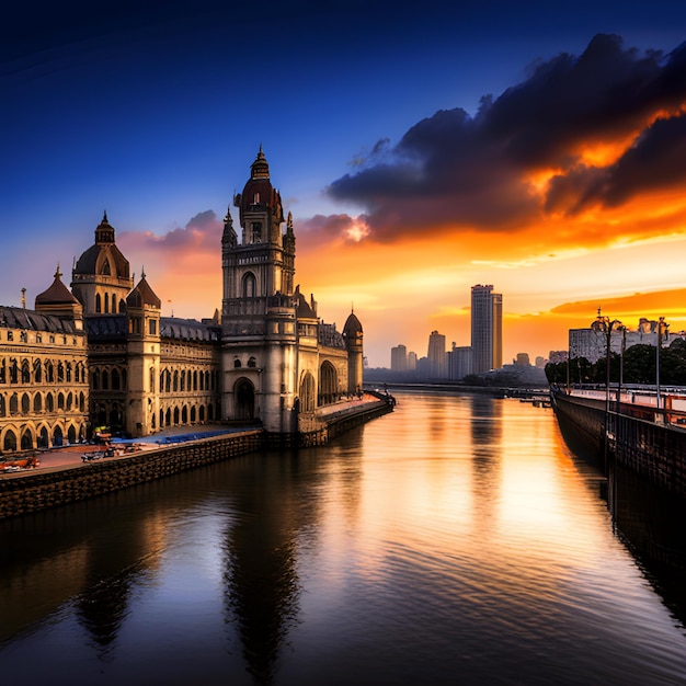 Río edificio de la ciudad al atardecer