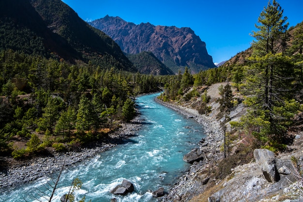 Rio em Annapurna Circuit Trekking, Nepal, foto da paisagem