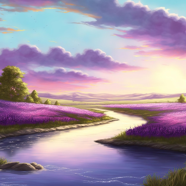 Rio em um campo de lavanda Bela paisagem em tons de roxo Nuvens rosa roxas flores plantas animais selvagens Beleza do conceito de natureza ilustração de obras de arte 3D