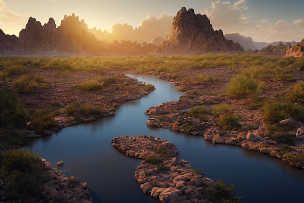 Rio em um deserto rochoso com rochas e plantas sob um céu azul com ilustração 3d de nuvens