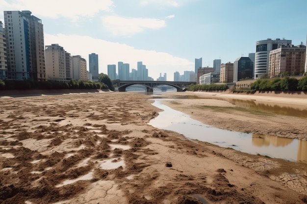 El río está sucio y la ciudad está al fondo.