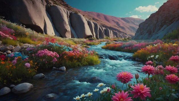 un río con flores y montañas en el fondo