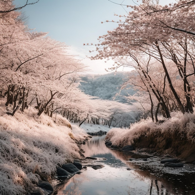 Un río con flores rosas y árboles en primer plano.