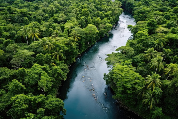 Rio fluindo pelo coração de uma exuberante floresta tropical com inúmeras árvores tropicais verdes capturadas