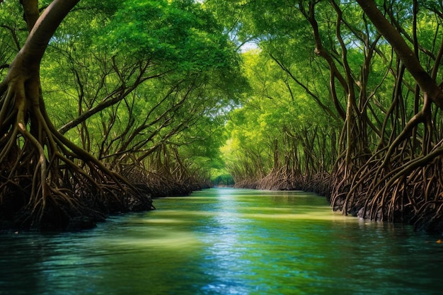 un río fluye a través de un bosque de manglares.