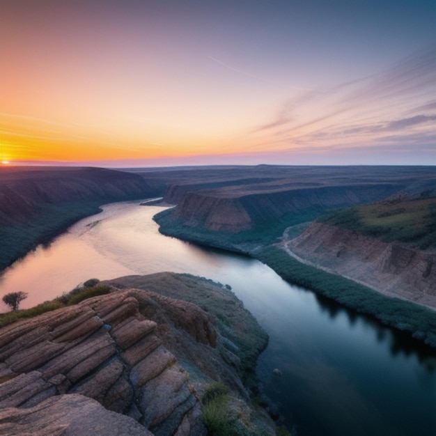 un río fluye a través de un cañón con una puesta de sol en el fondo.