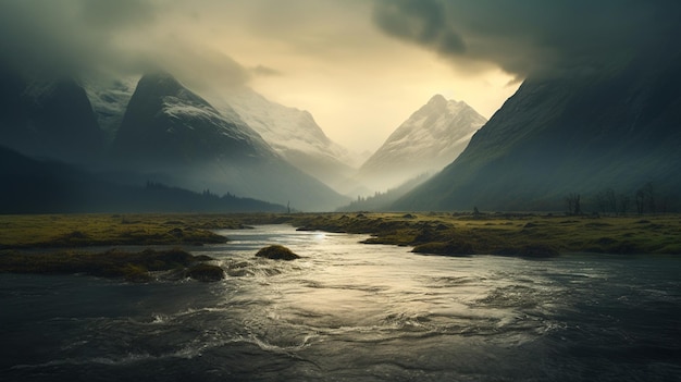 Foto un río en el fondo de un paisaje montañoso.