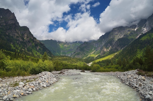 Rio frio da montanha com córrego furioso. dia ensolarado de paisagem alpina. zemo svaneti, geórgia, cáucaso