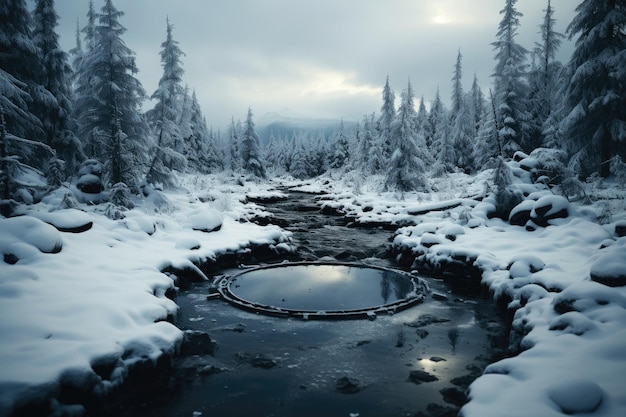 Rio gelado numa floresta de inverno nevada neve e gelo na natureza bela paisagem de inverno